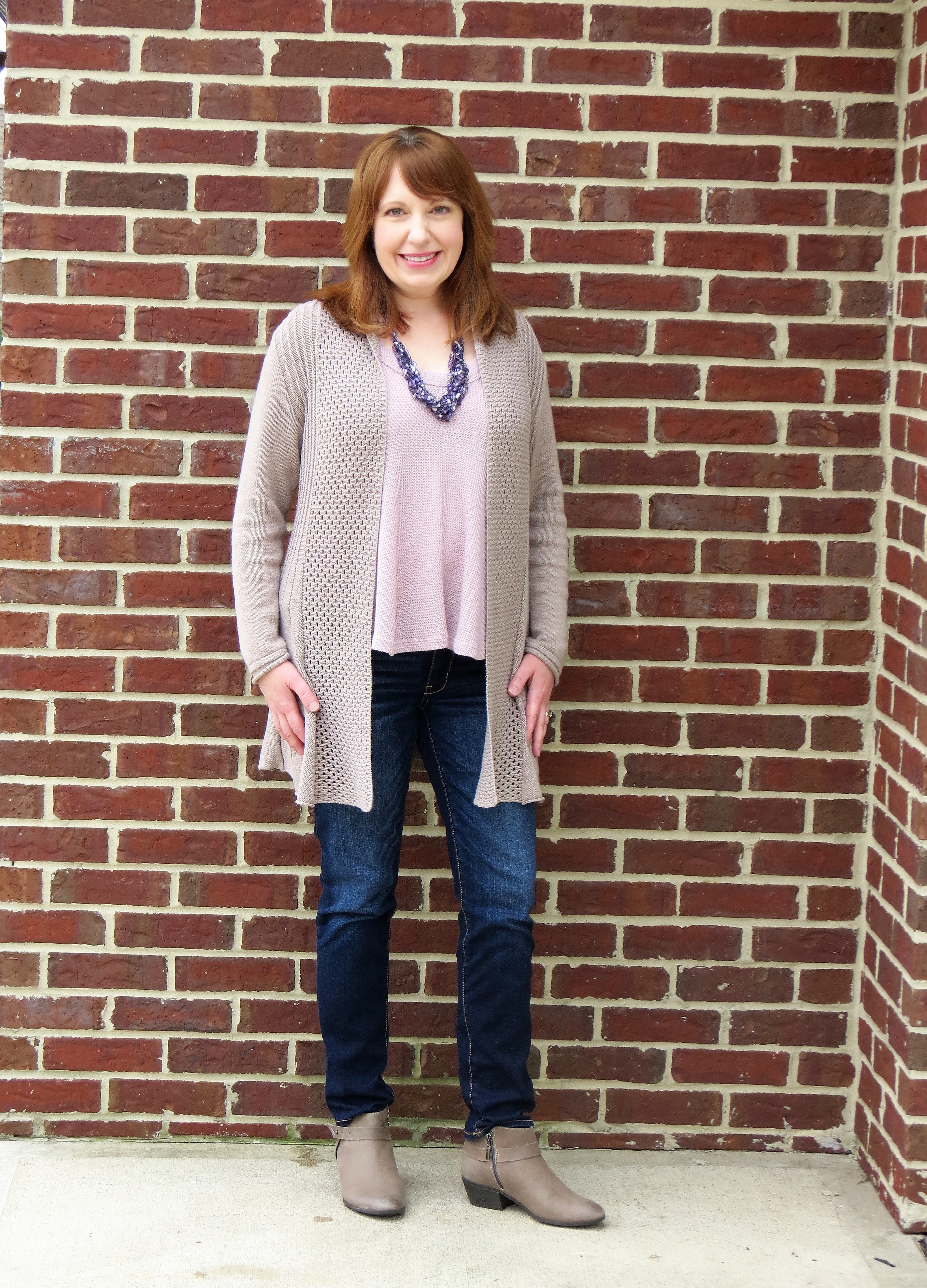 Taupe Cardigan and Lilac Knit Top