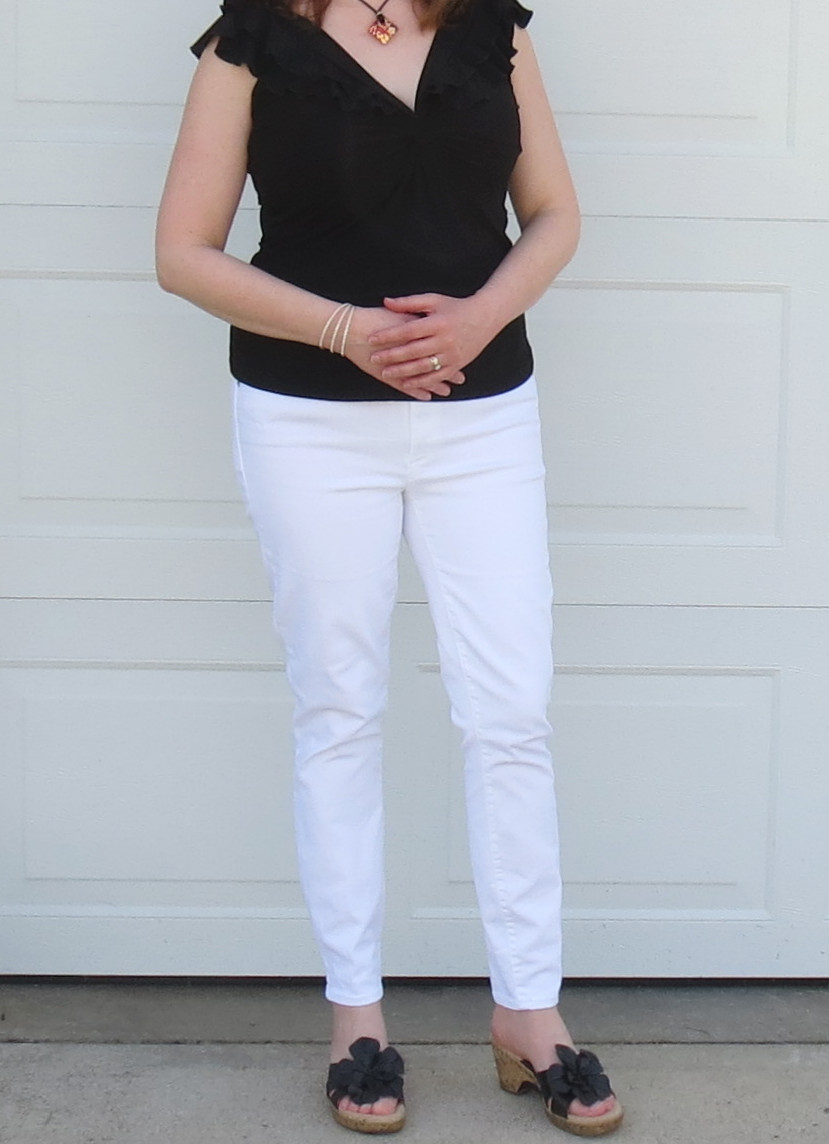 Black Ruffle Top With White Jeans And Black Wedges