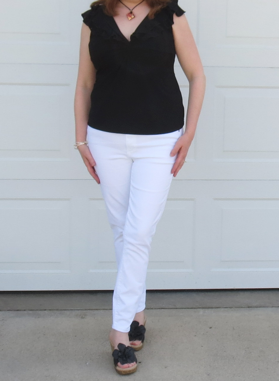 Black Ruffle Top WIth White Jeans