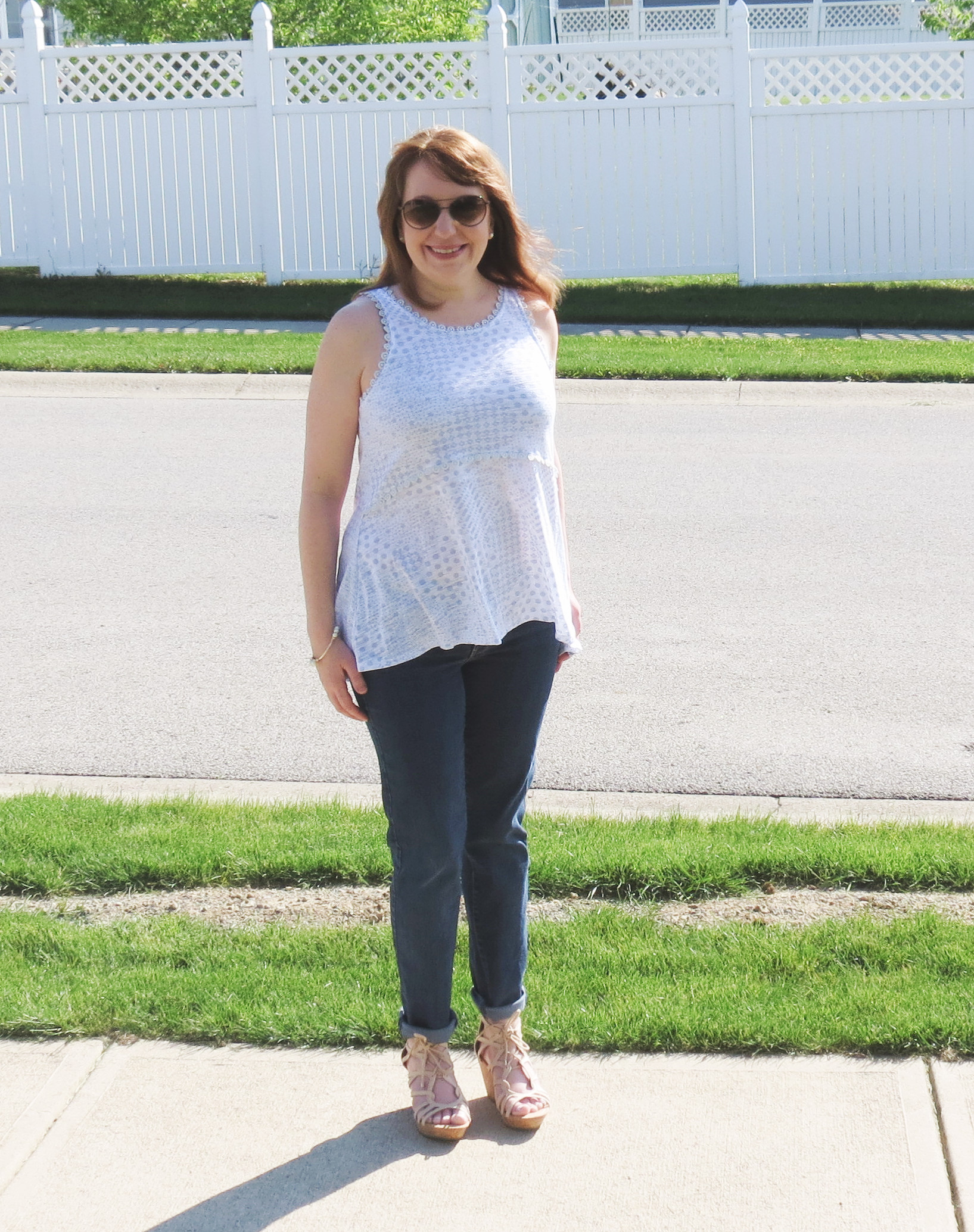 Blue And White Top, Jeans, Wedges, Sunglasses