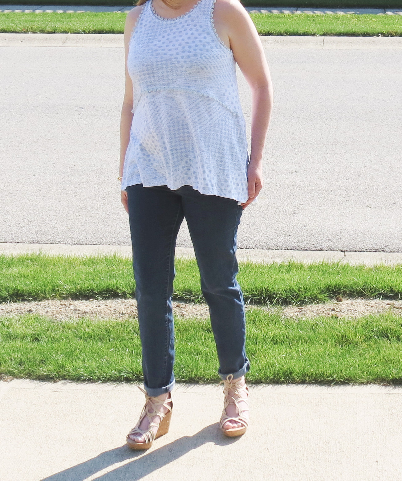 Blue And White Top, Jeans, And Nude Wedges
