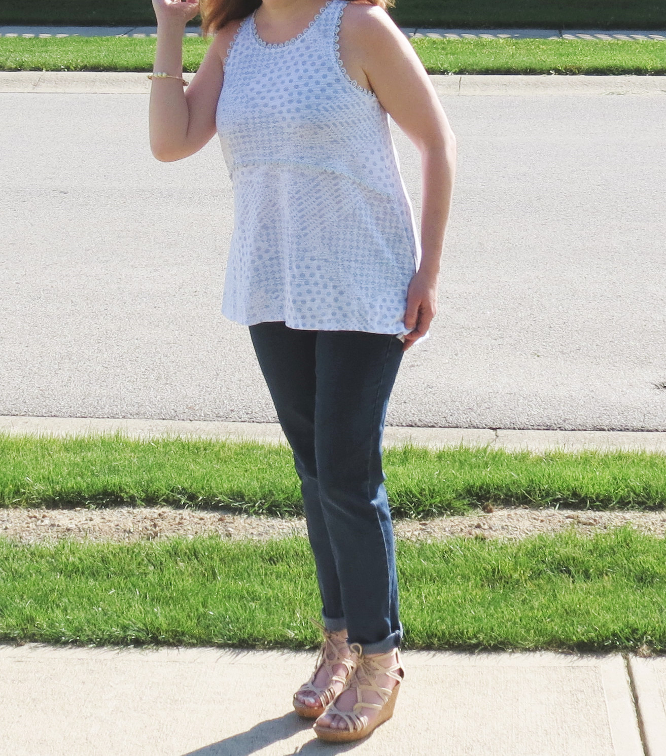 Blue And White Top, Jeans, Nude Wedges, Pearl Bracelet