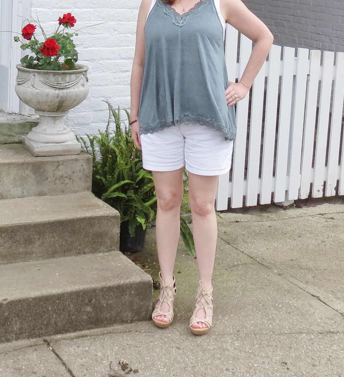 Lace Teal Tank With White Shorts And Nude Wedges