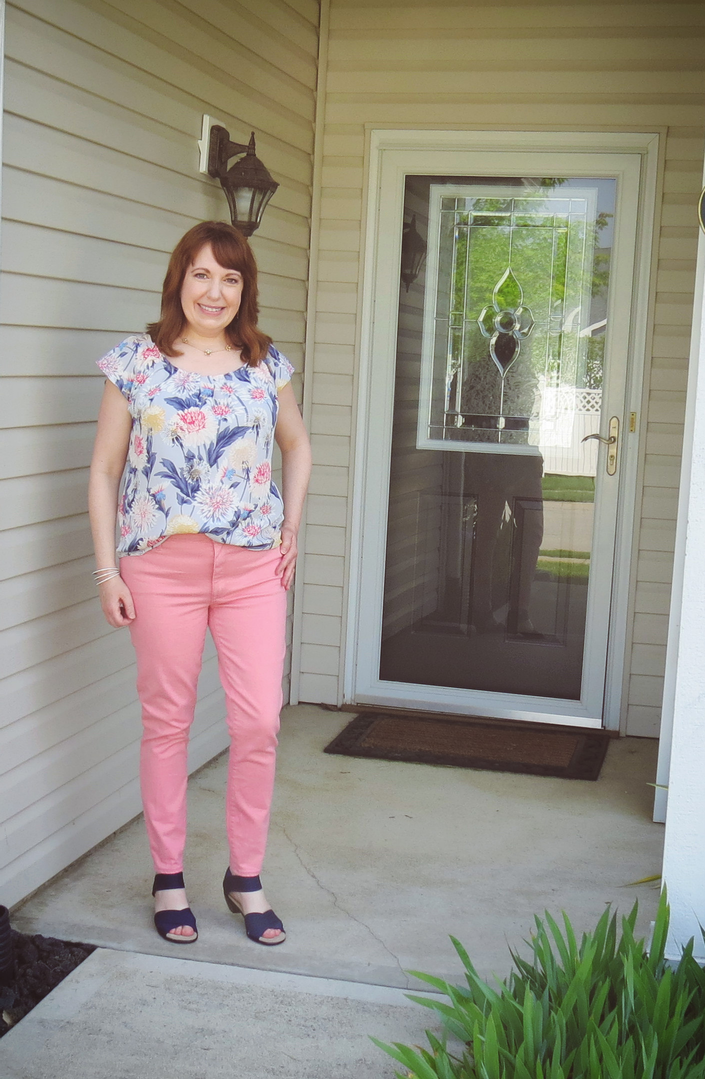 Floral Top And Pink Jeans WIth Navy Sandals