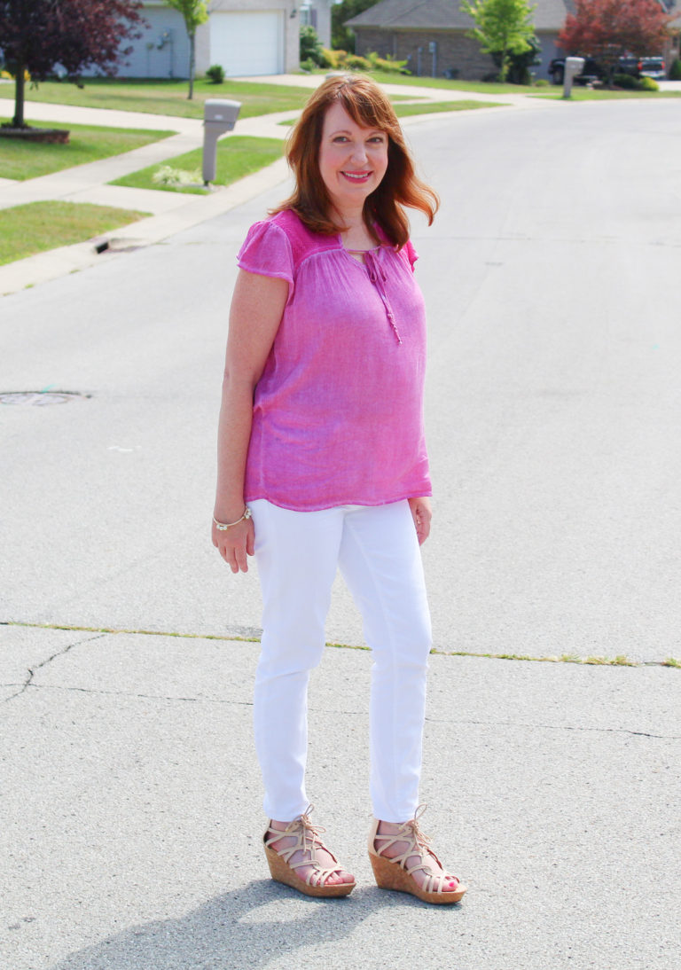 Pink Neck-Tie Top and White Jeans - Dressed in Faith