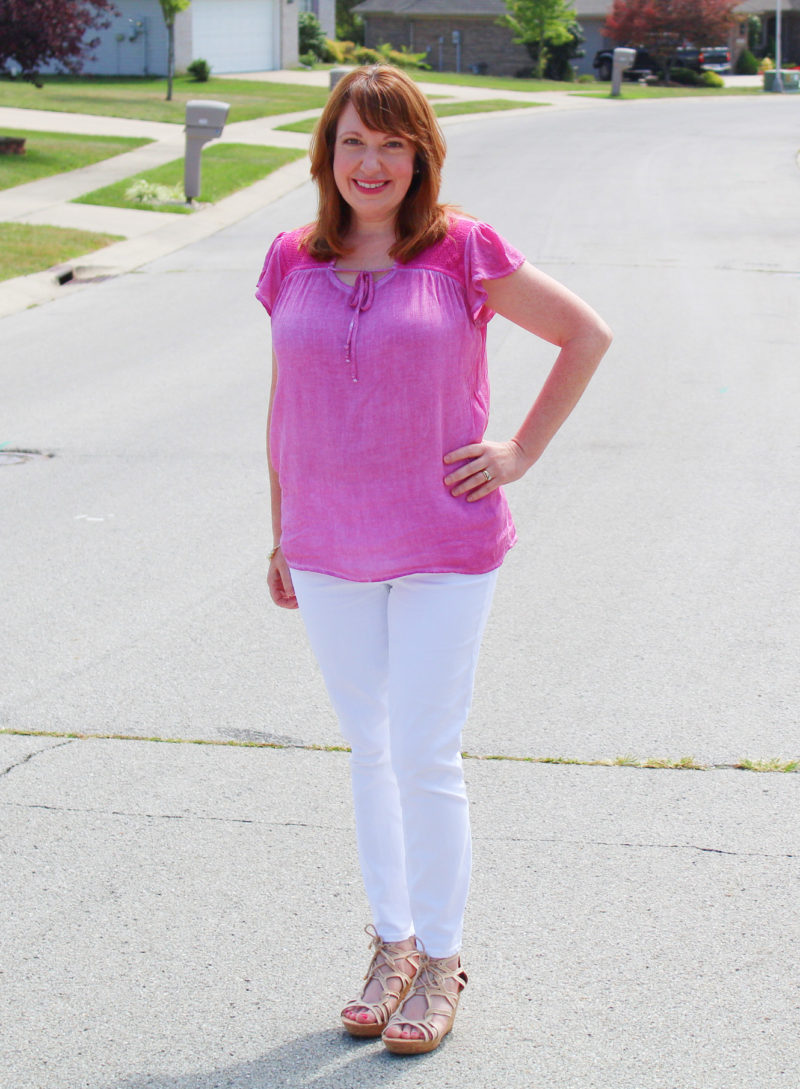 Pink Neck-Tie Top and White Jeans - Dressed in Faith