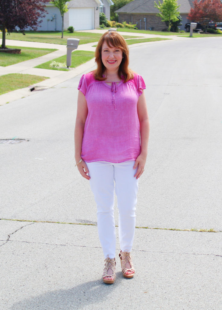 Pink Neck-Tie Top and White Jeans – Dressed in Faith