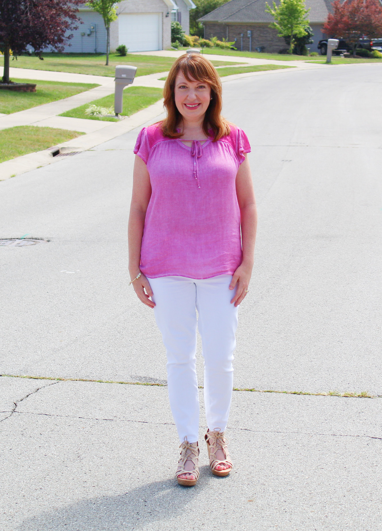 Pink Neck-Tie Top and White Jeans - Dressed in Faith