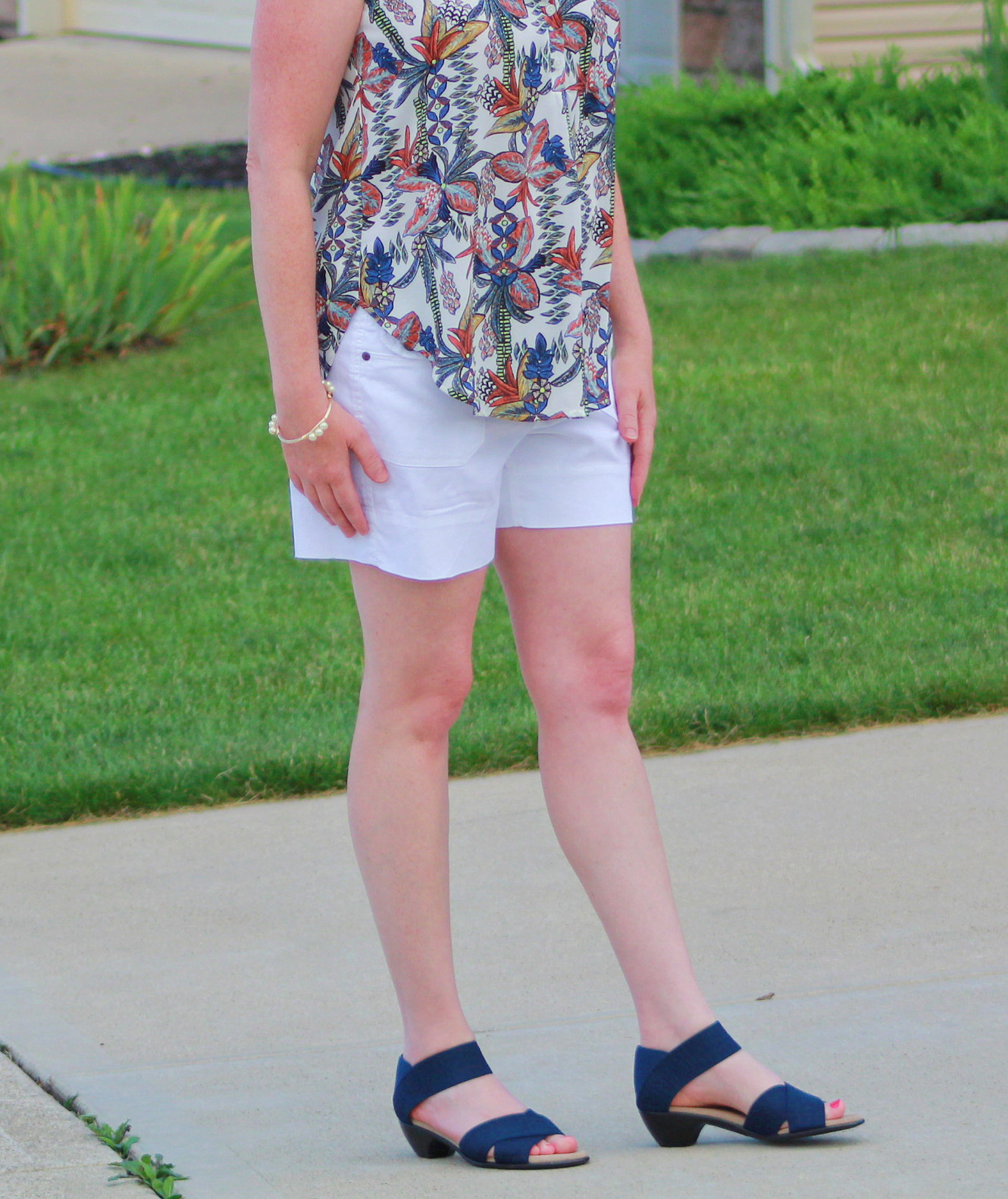 Tropical Top With White Shorts And Sandals