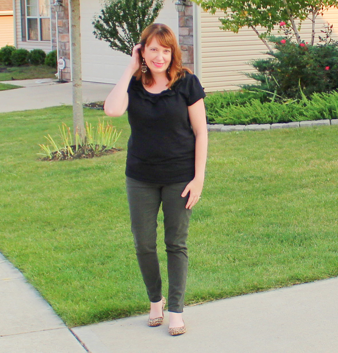 Black Ruffle Top and Spruce Green Jeans