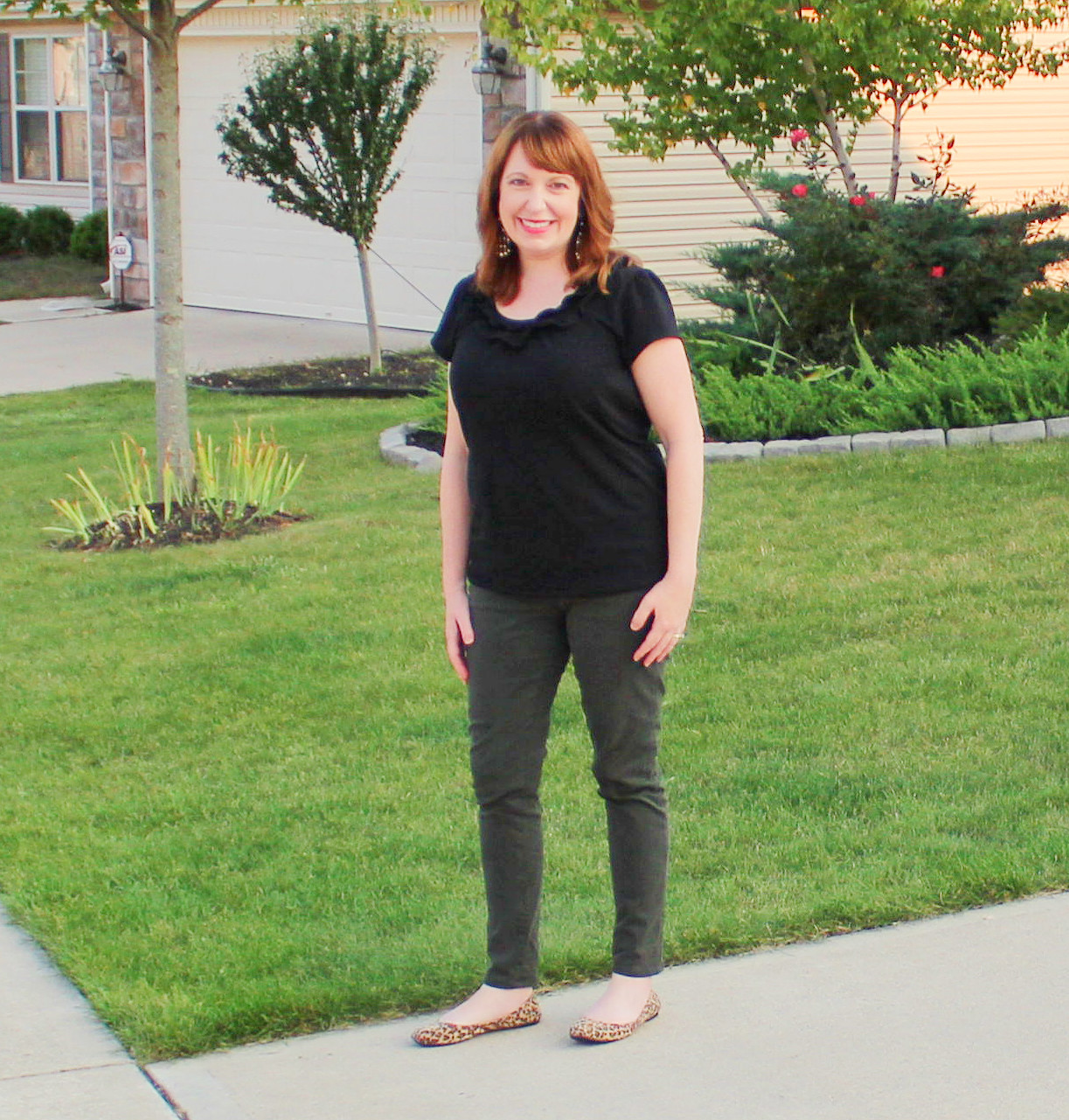 Black Ruffle Top/Spruce Green Jeans/Leopard Print Flats