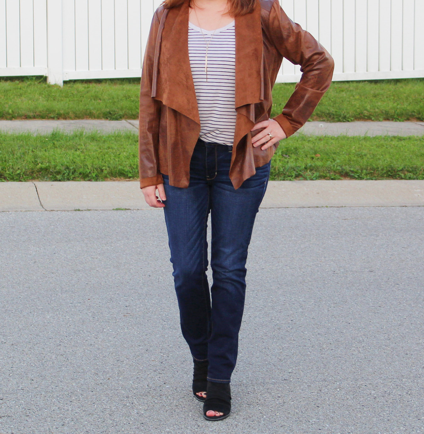 Brown Suede Jacket With Jeans And Black Slingback Booties