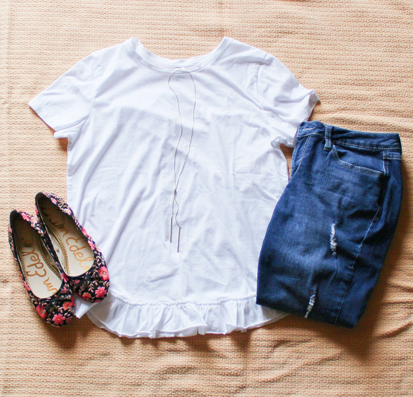 White Tee And Floral Flats With Jeans
