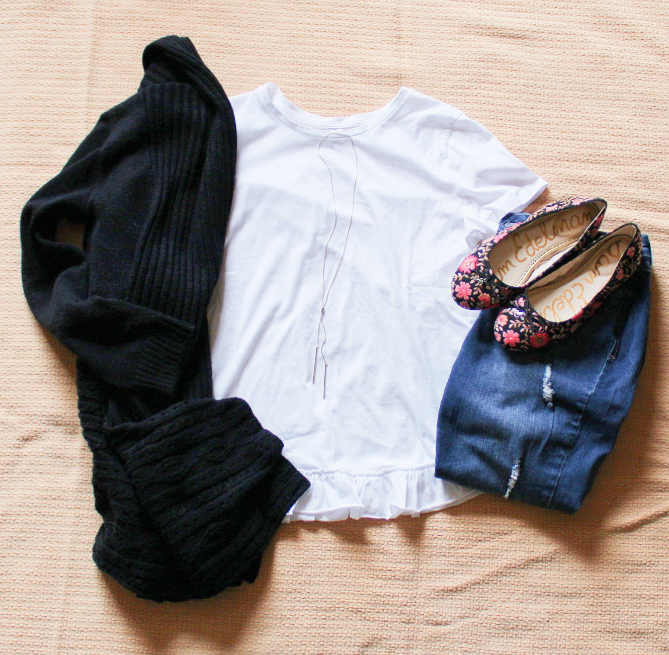 White Tee And Floral Flat Shoes