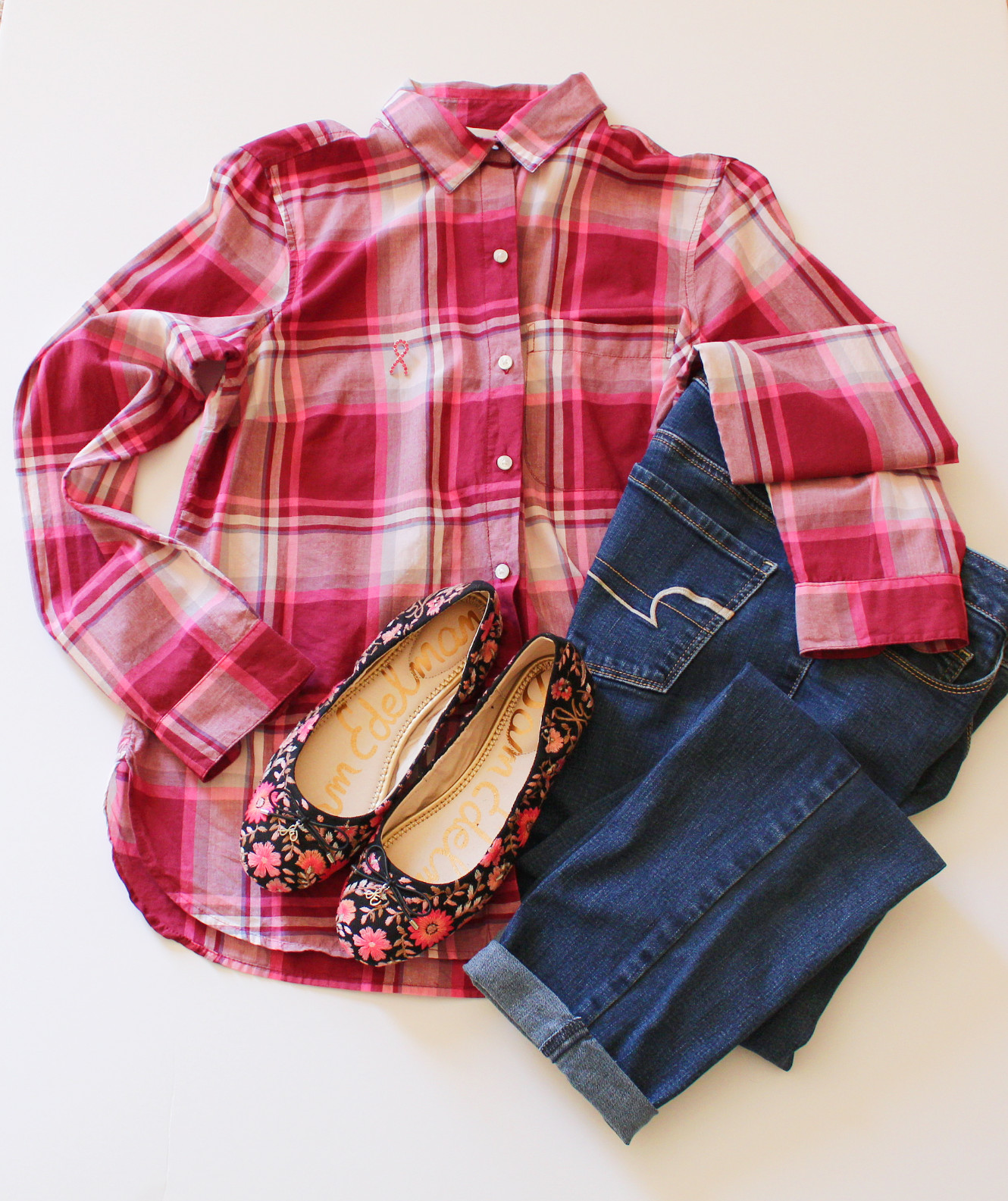 Plaid Shirt With Jeans And Floral Flats