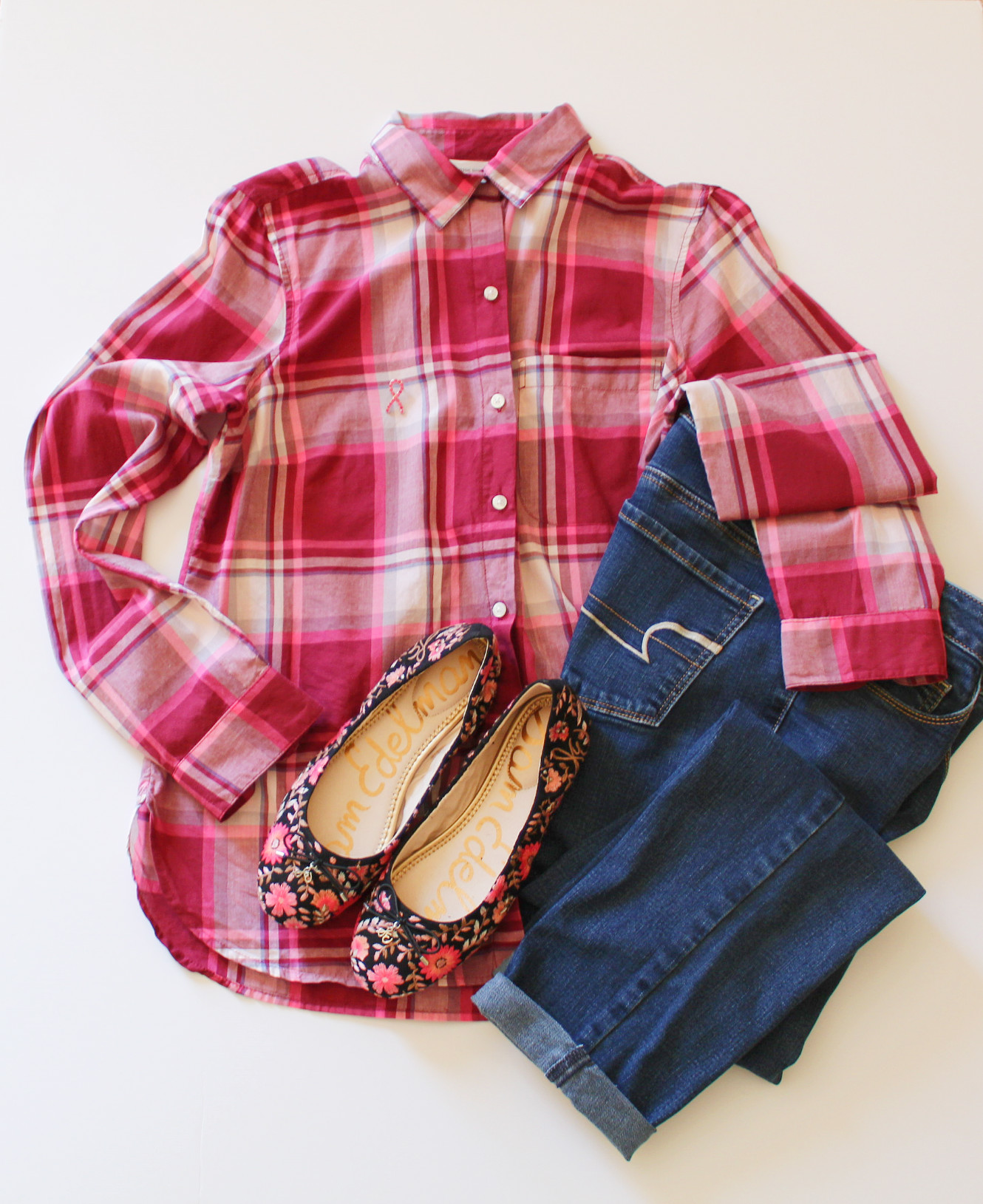 Pattern Mixing with a Plaid Shirt and Floral Flats