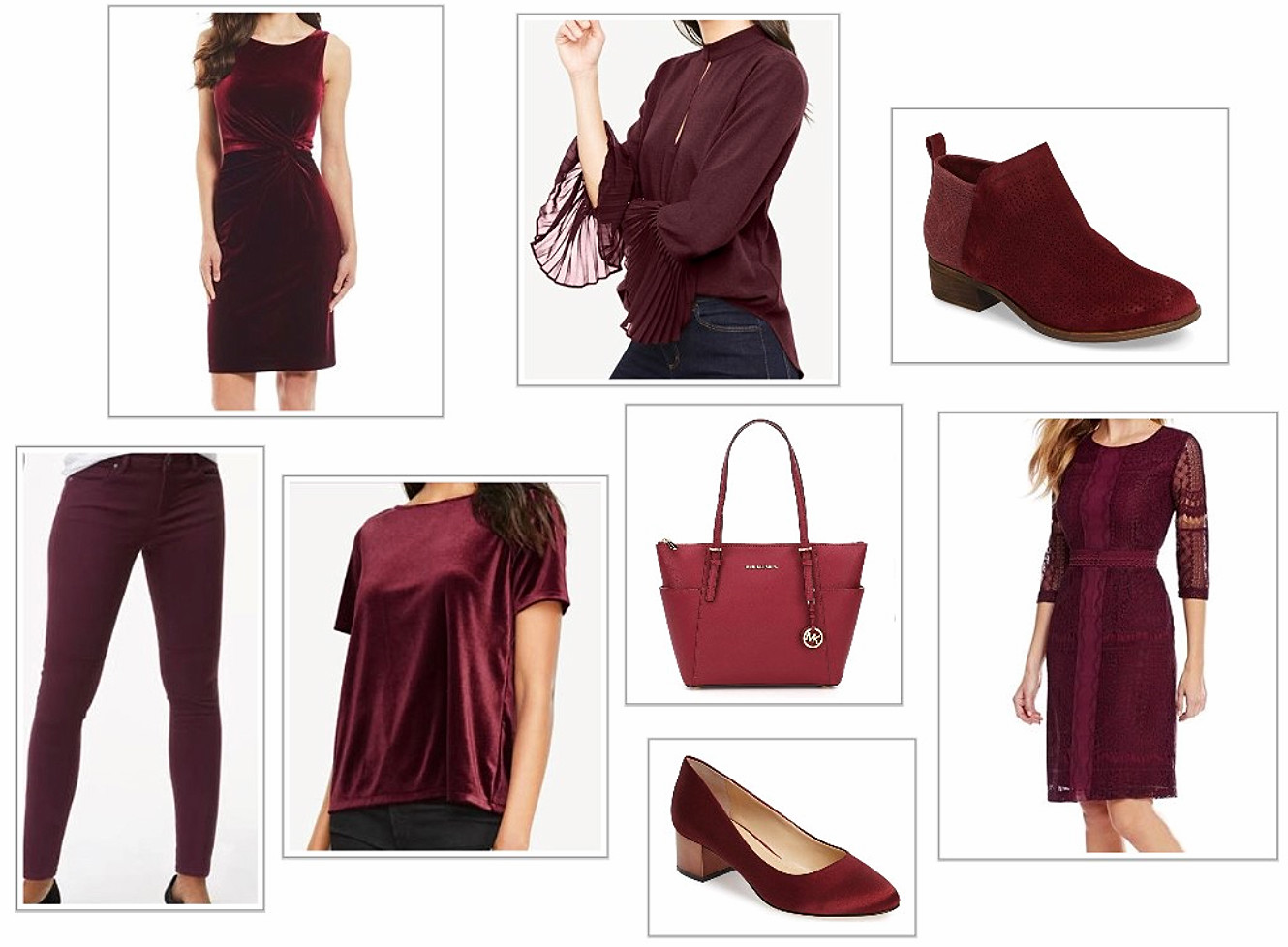 Shirts, Dresses, Shoes, And Handbags In Burgundy