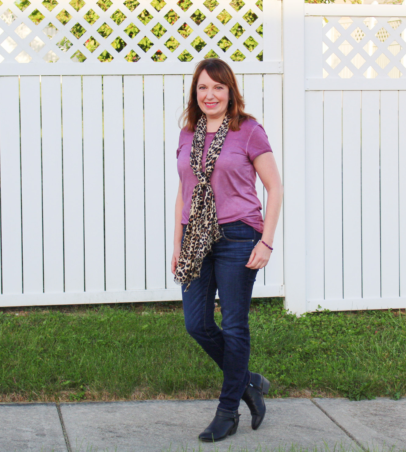 Purple Tee With Leopard Print Scarf Outfit