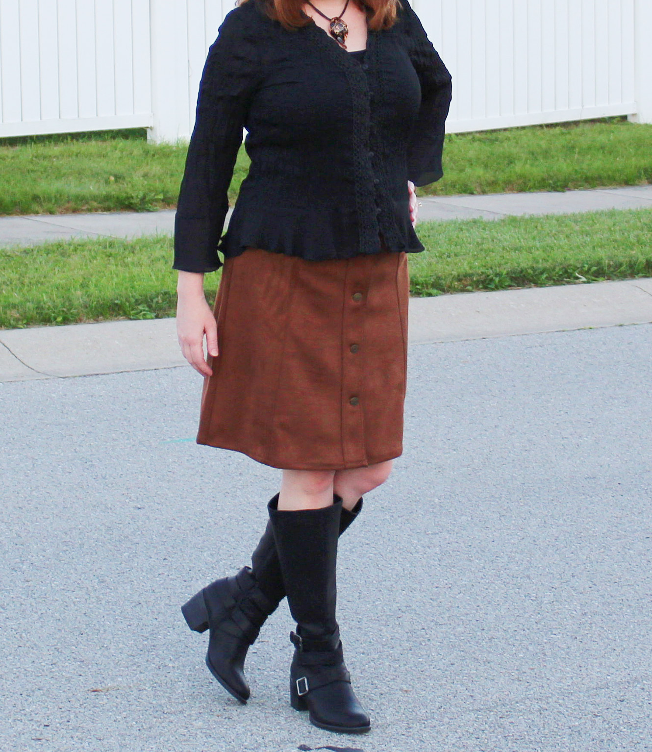 Lace Black Top, Suede Skirt, And Black Boots