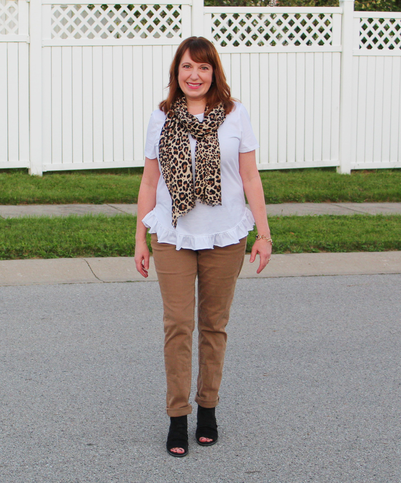 Tee, Scarf, Brown Pants, And Black Sling Back Shoes