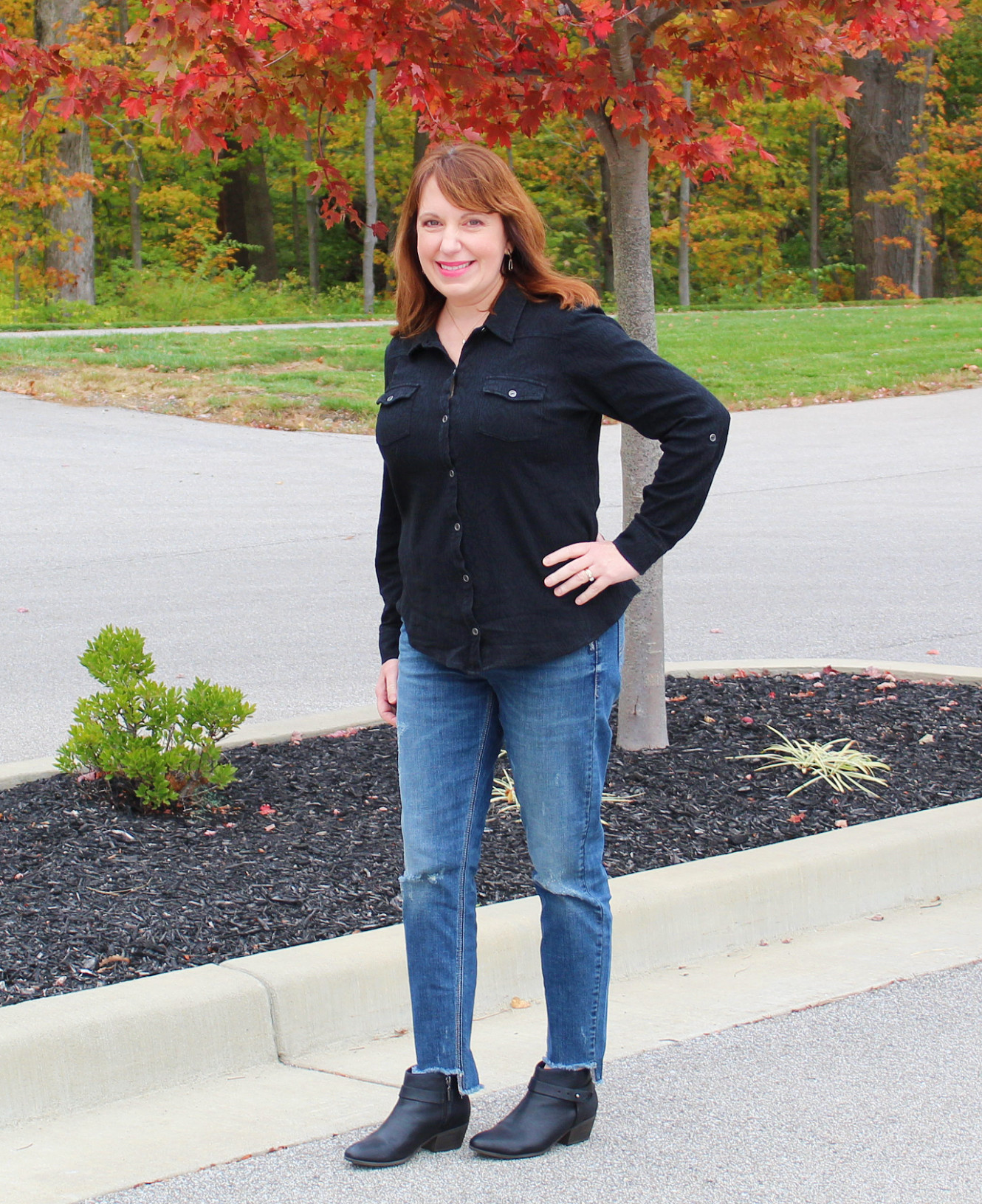 Raw Edge Jeans And Black Button Down Shirt