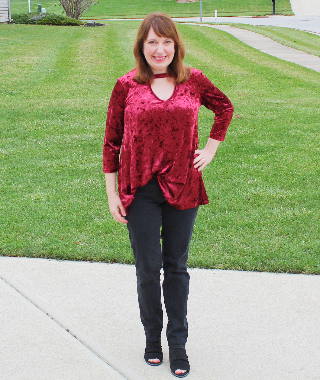 Burgundy Velvet Top And Black Jeans