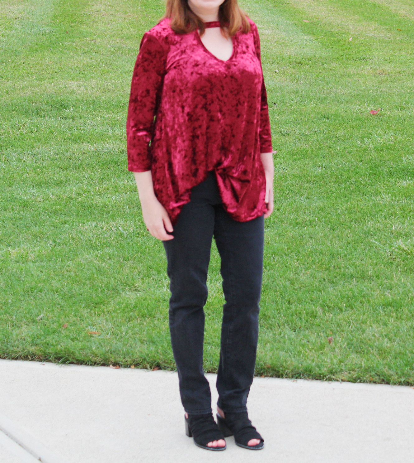 Crushed Velvet Top, Black Jeans, And Black Shoes