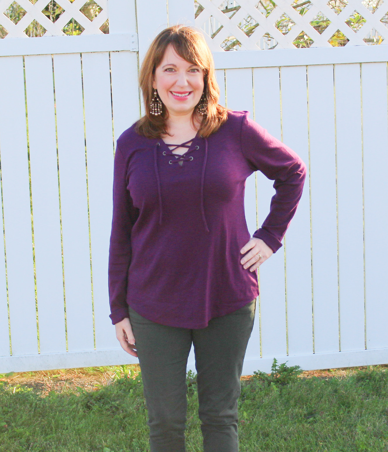 Purple Top And Statement Earrings