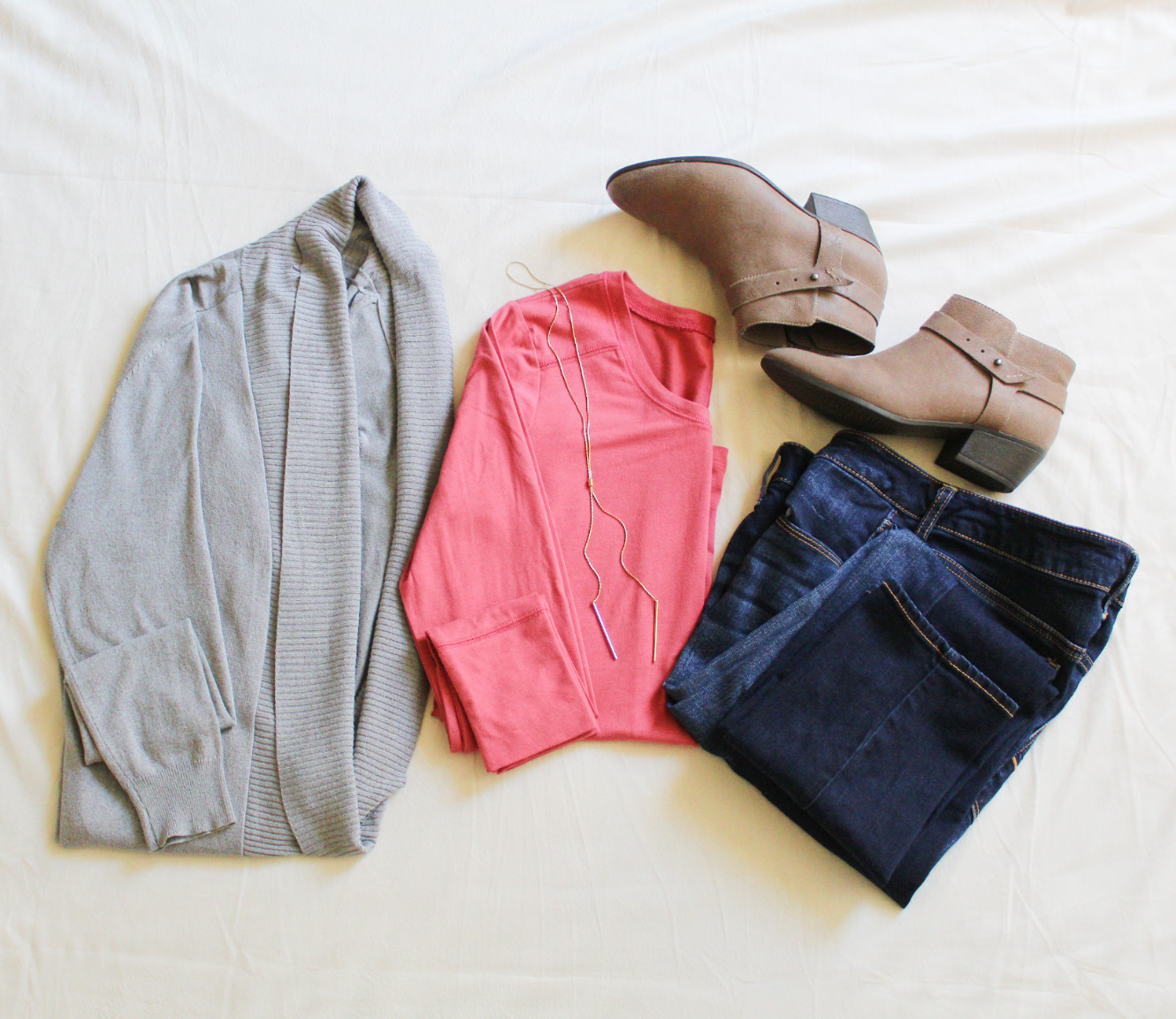 Gray Cardigan, Blush Tee, Jeans, Boots