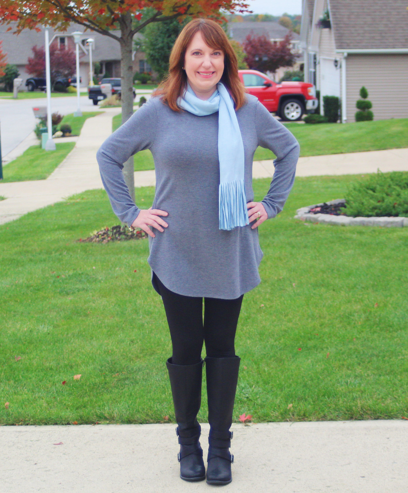 Gray Tunic And Babt Blue Scarf