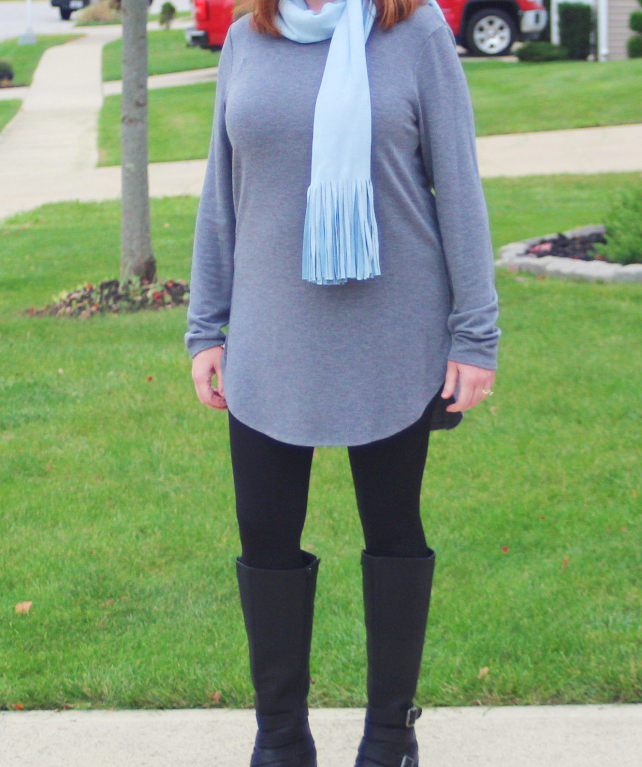 Gray Tunic and Baby Blue Scarf - Dressed in Faith