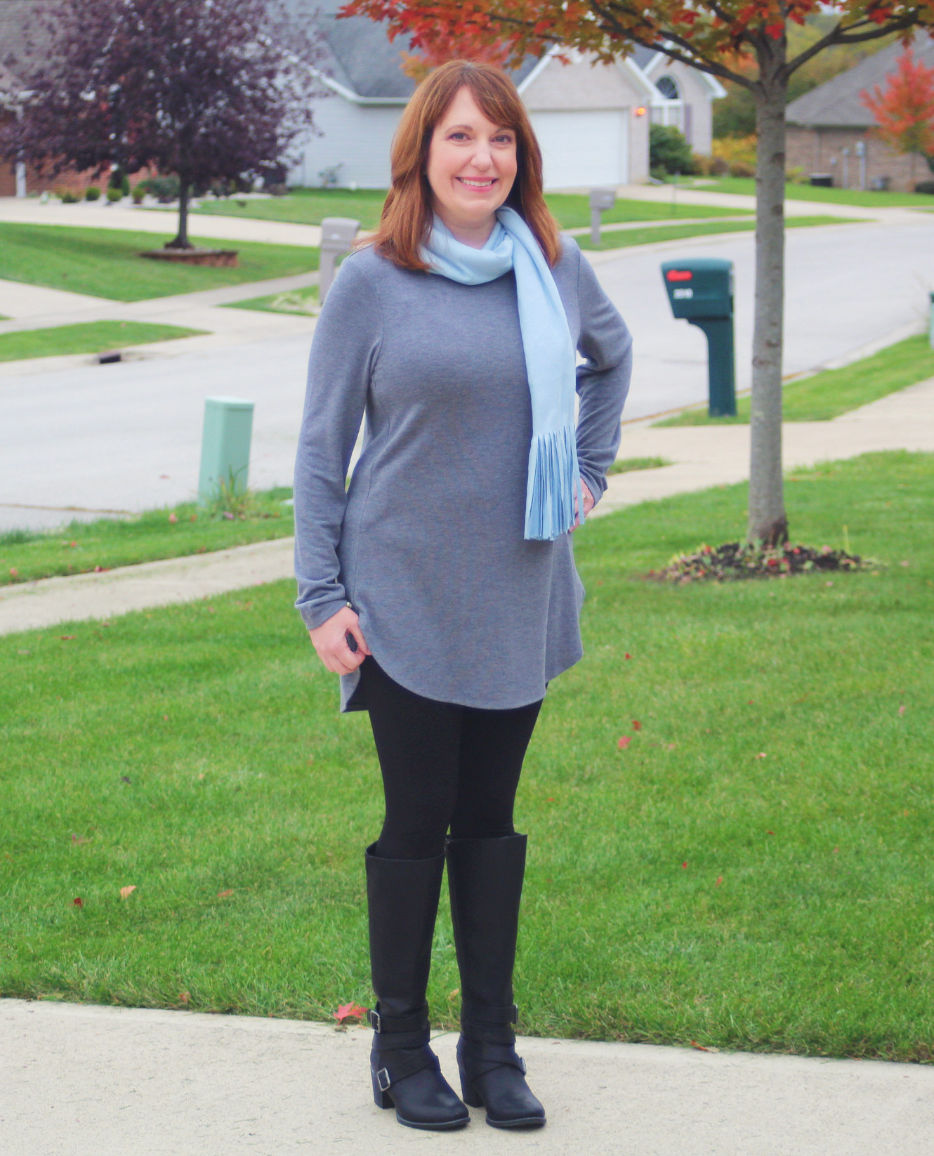 Gray Tunic and Baby Blue Scarf - Dressed in Faith