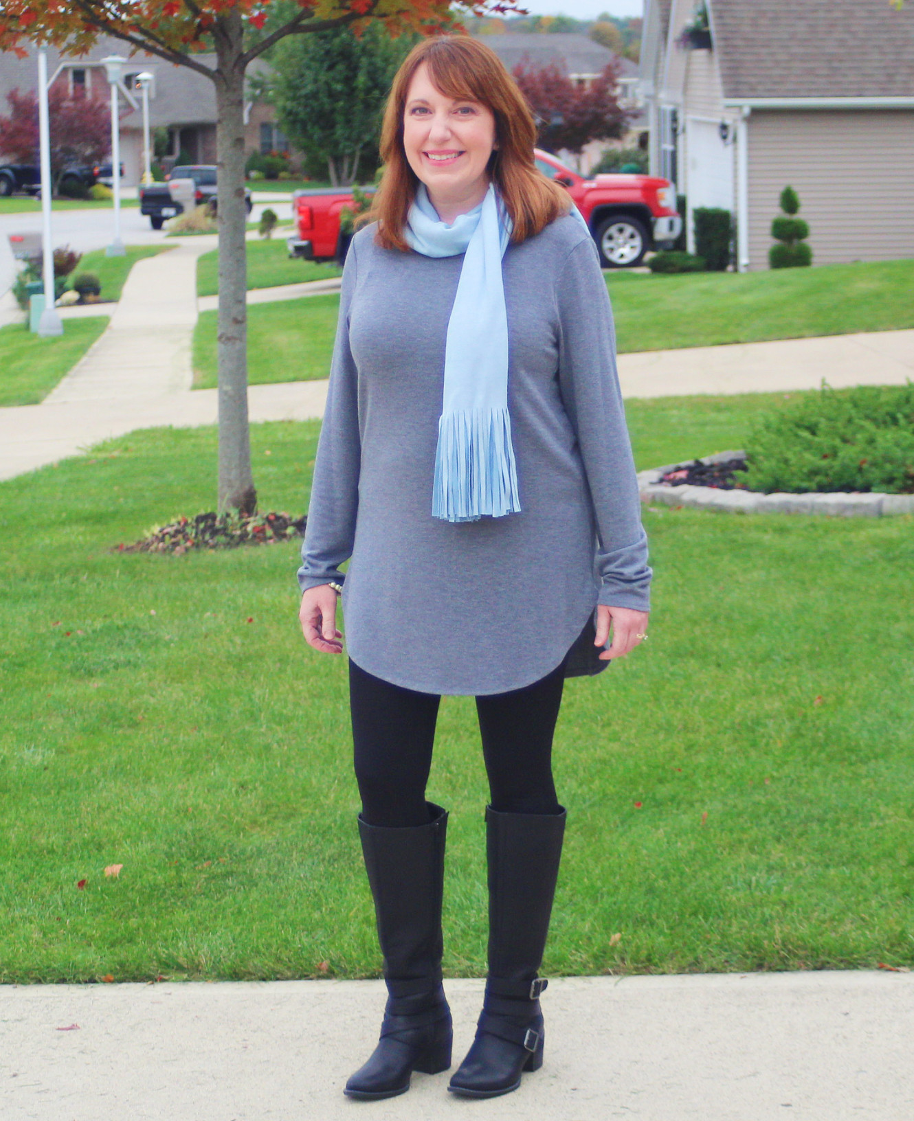 Gray Tunic and Baby Blue Scarf - Dressed in Faith