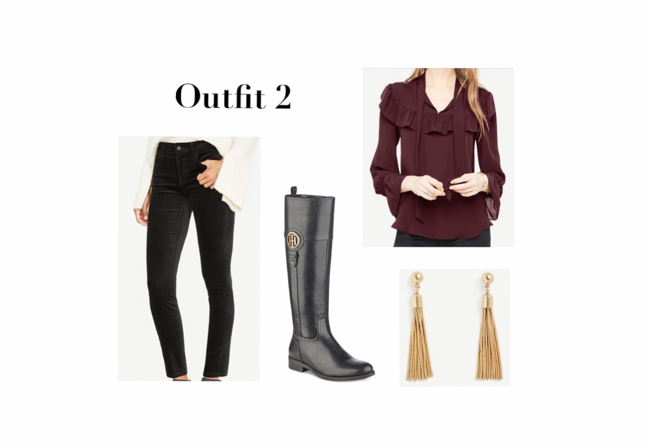 Burgundy Top. Pants, Tall Boots, And Earrings