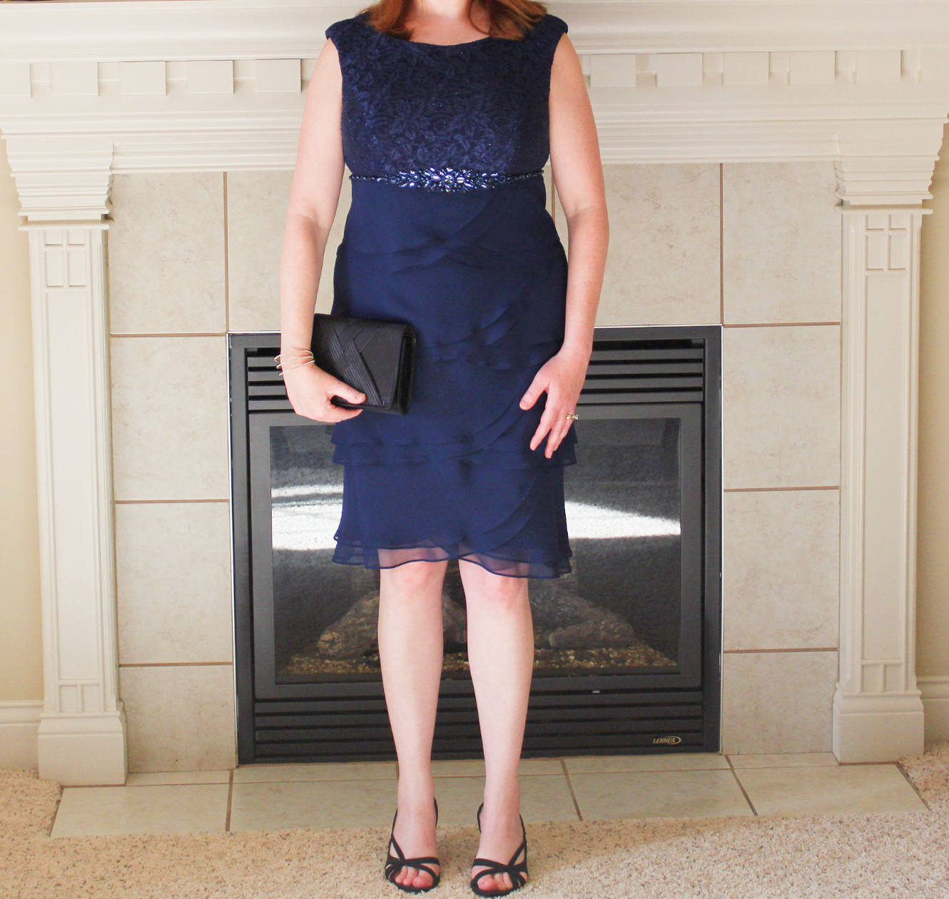 Navy Blue Dress With Black Sandals And Black Clutch