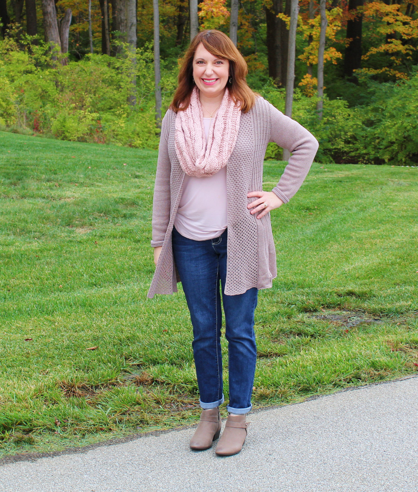 Cardigan With Blush Infinity Scarf And Tee