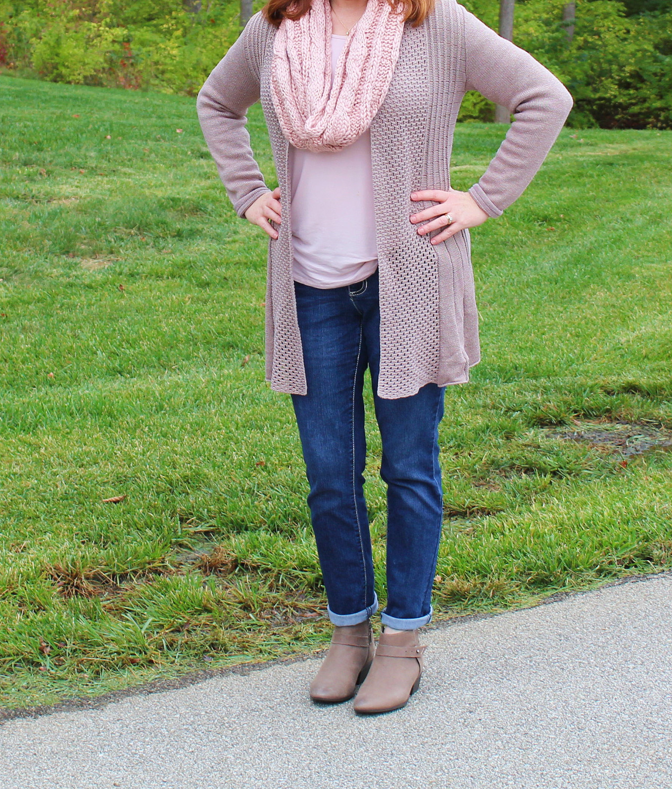 Cardigan, Scarf. Tee, Jeans, And Taupe Boots