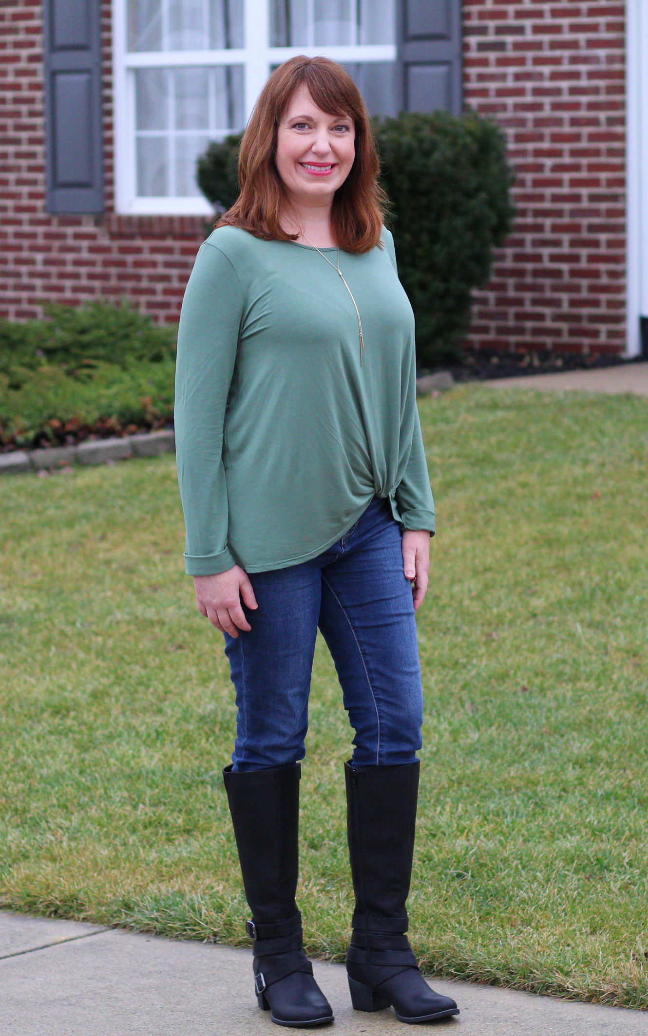 Green Twist Top And Black Boots