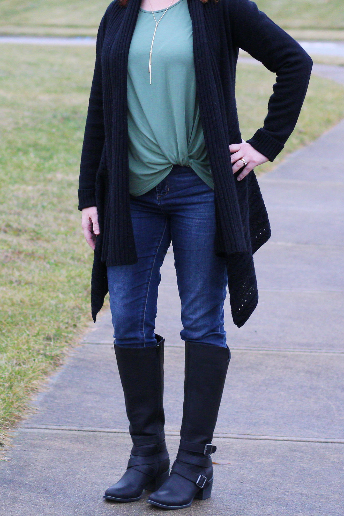 Green Twist Top And Black Cardigan / Winter Outfit / Dressed In Faith