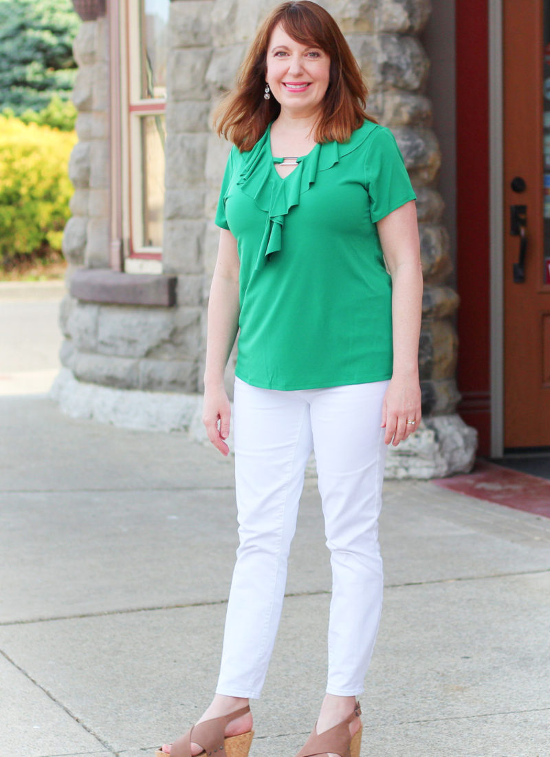 Black Ruffle Top and Spruce Green Jeans - Dressed in Faith