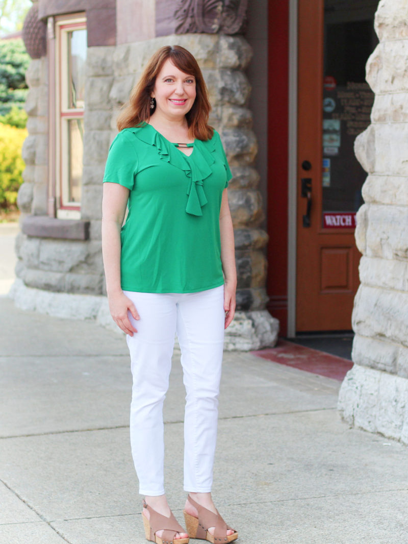 Green Ruffle Top and White Jeans - Dressed in Faith
