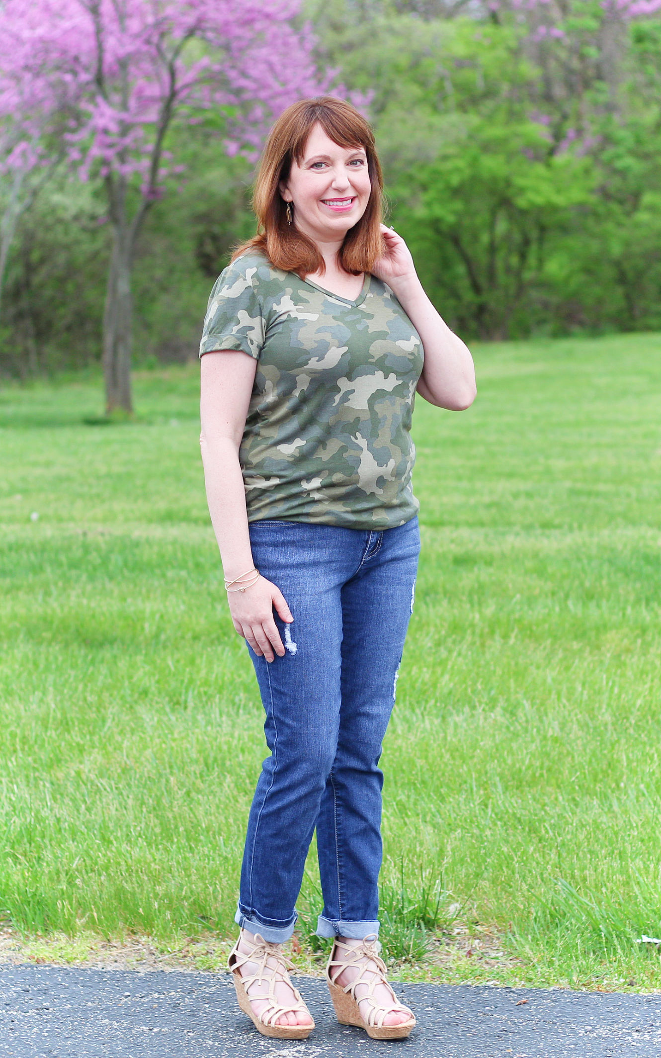 Camo Tee And Jeans Spring Outfit #overfortyfashion #style #fashion #camotee