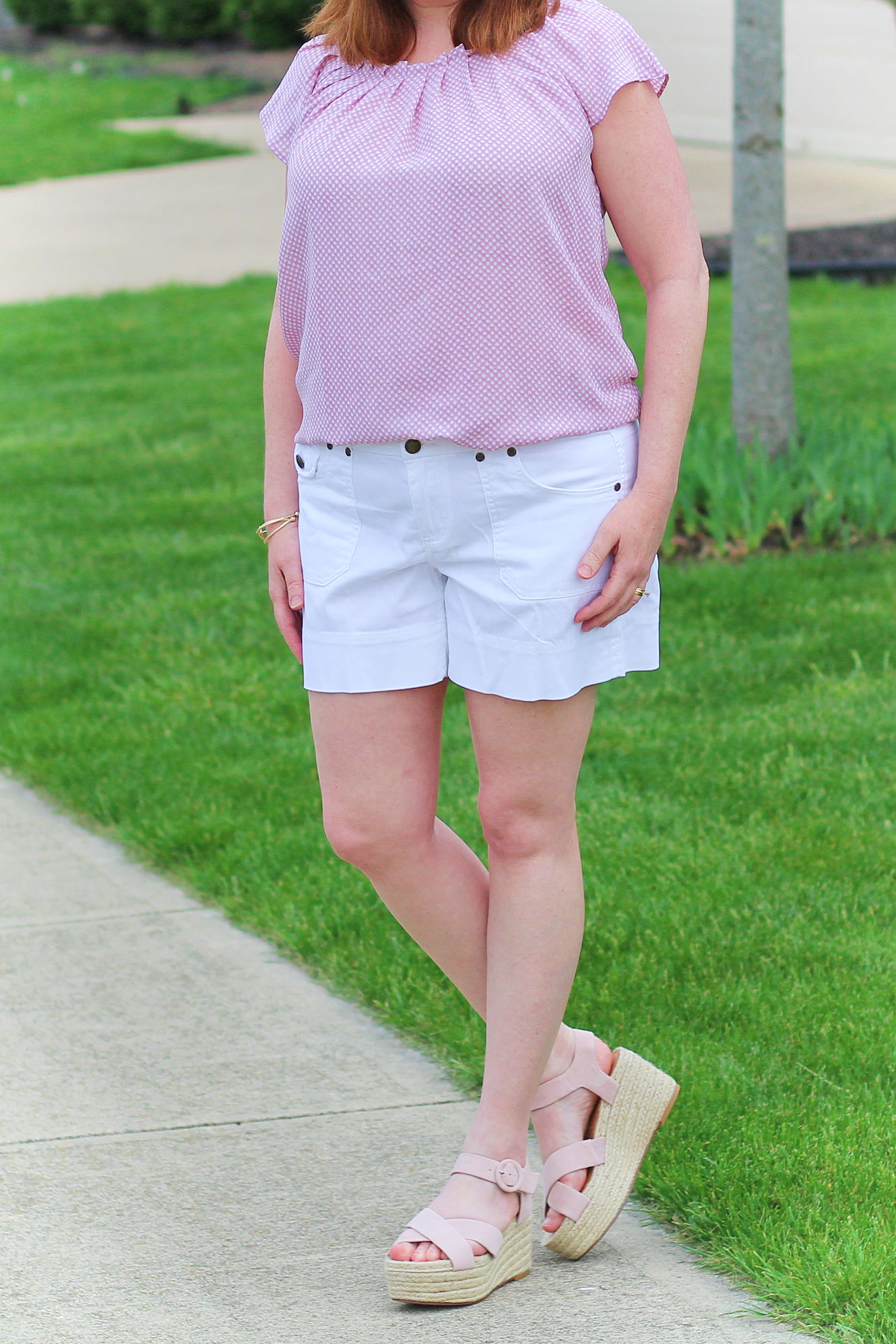 Soft Pink Gingham Top #springoutfit #pinkgingham #whiteshortsoutfit #summerstyle #blushsandals