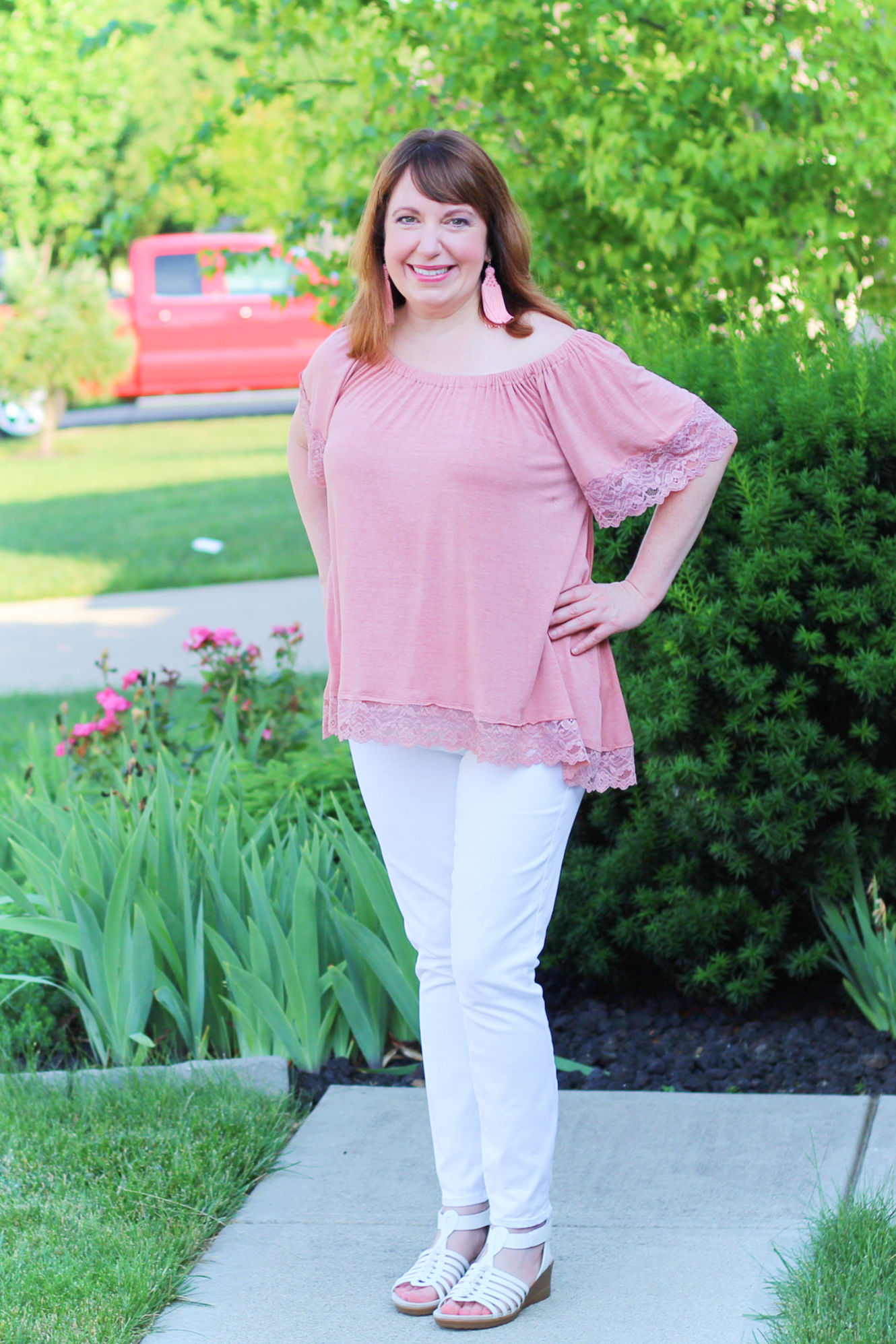 Pink Lace Top and White Jeans - Dressed in Faith