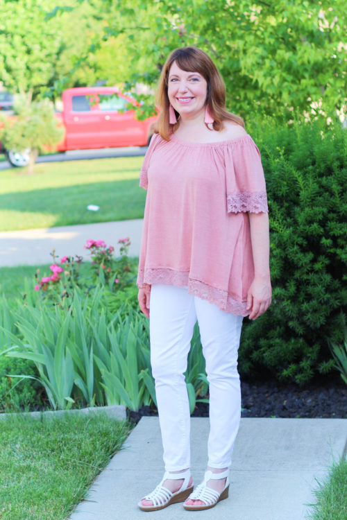 Pink Lace Top and White Jeans - Dressed in Faith