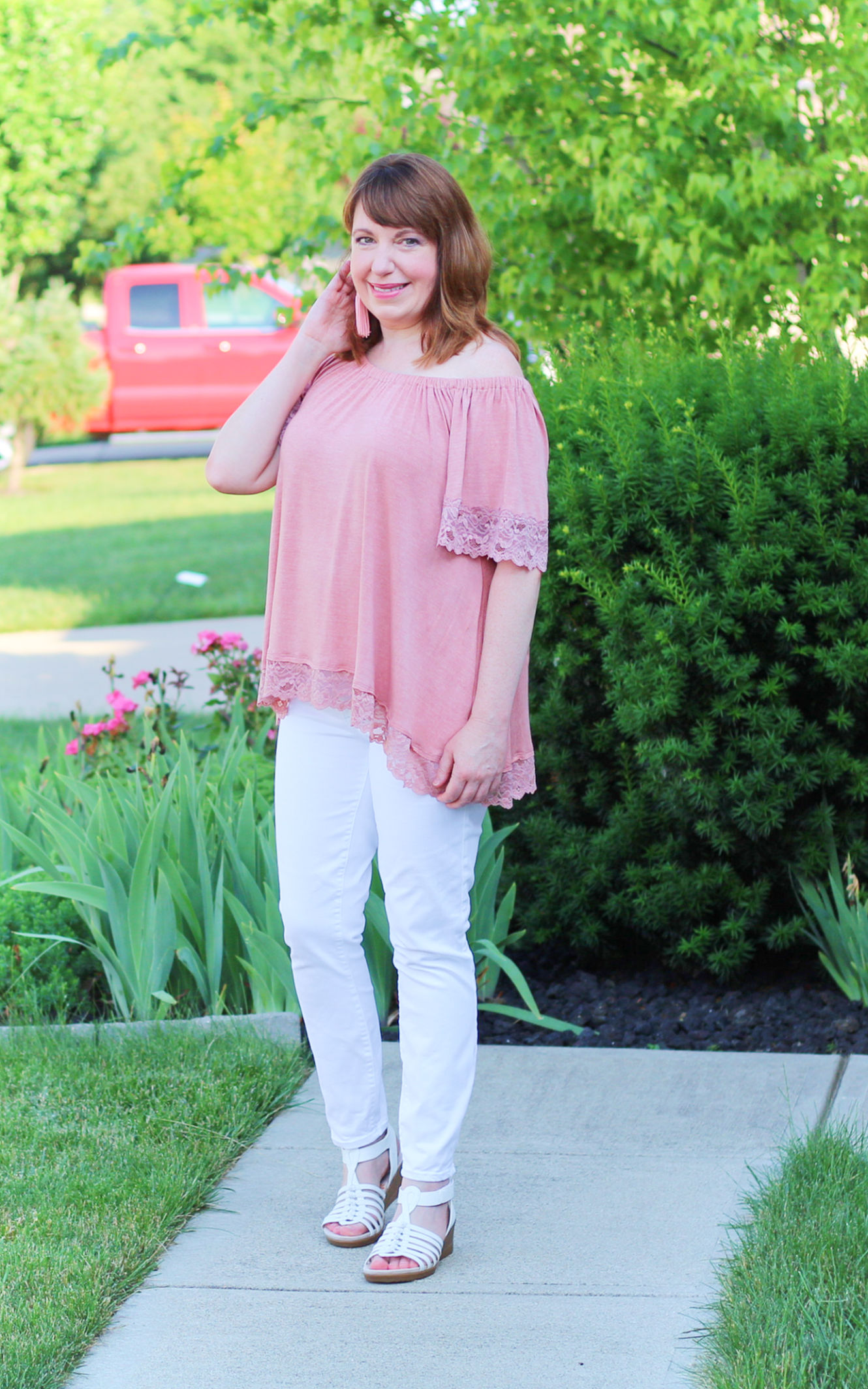 Pink Lace Top and White Jeans - Dressed in Faith