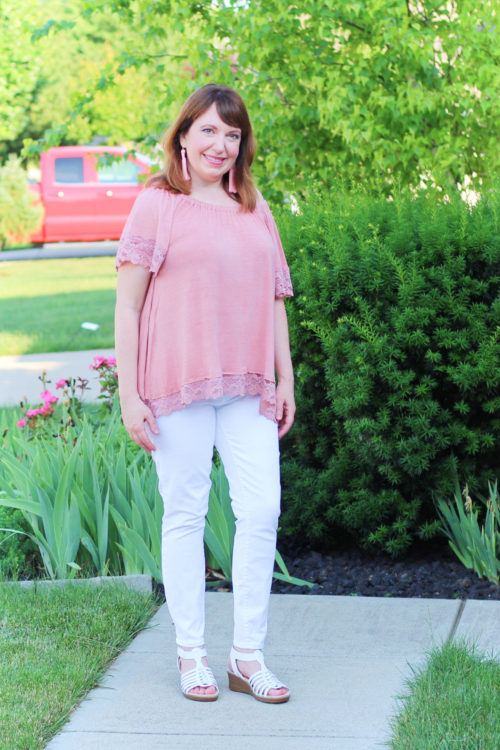 Pink Lace Top and White Jeans - Dressed in Faith