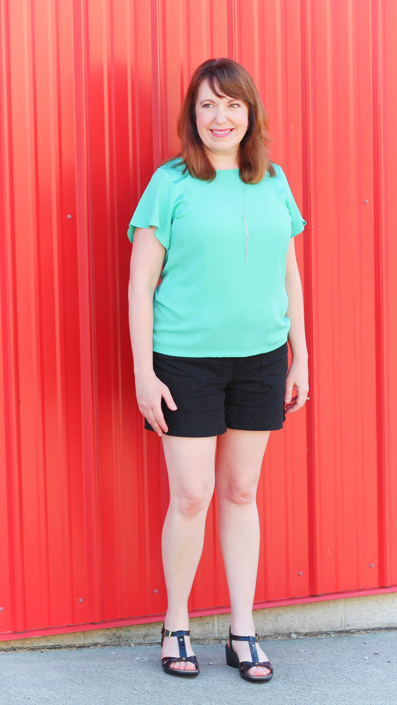 Green Top And Black Shorts #summeroutfit #over40fashion