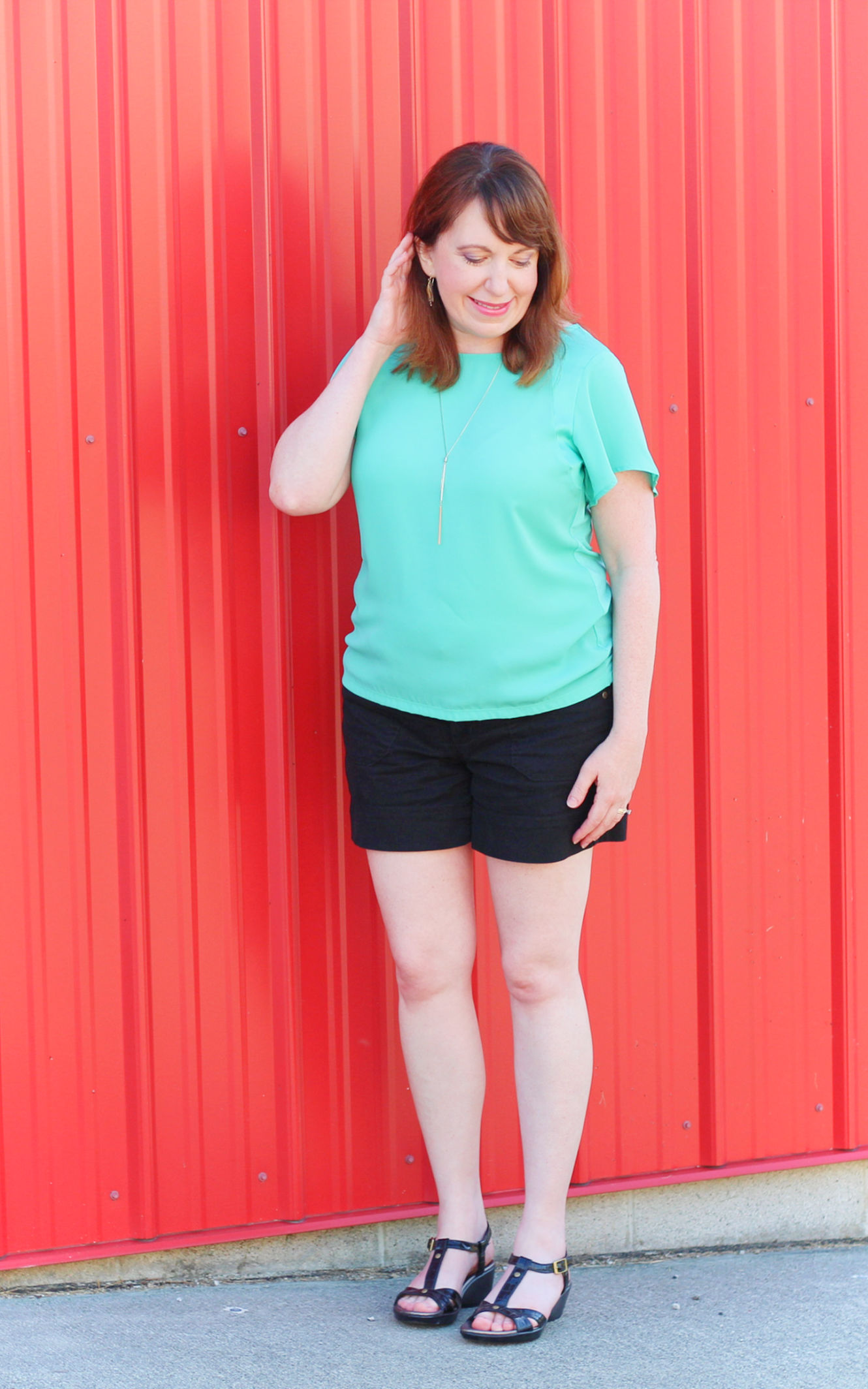 Green Top And Black Shorts #summeroutfits #over40fashion