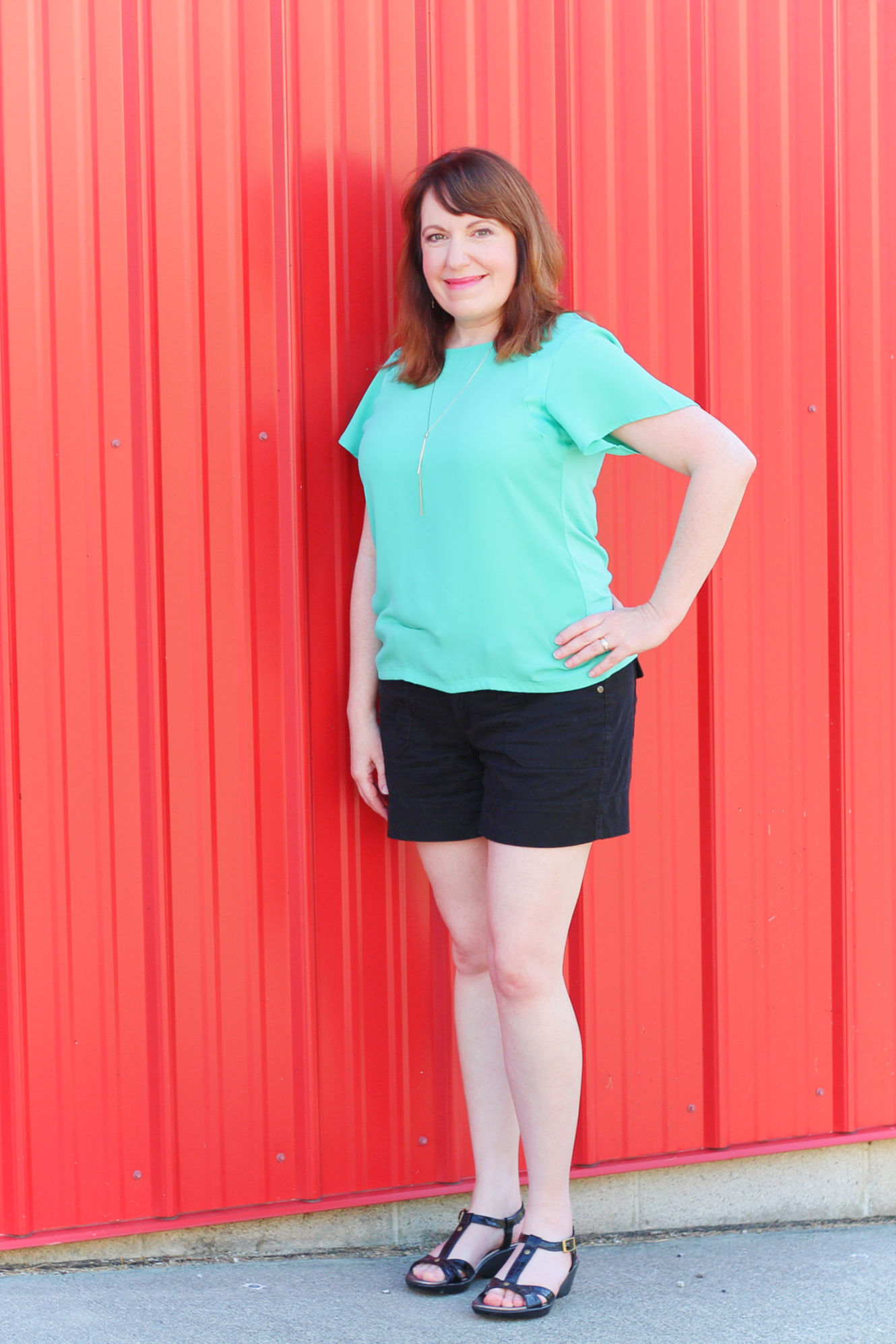 Green Top And Black Shorts #summeroutfot #over40fashion